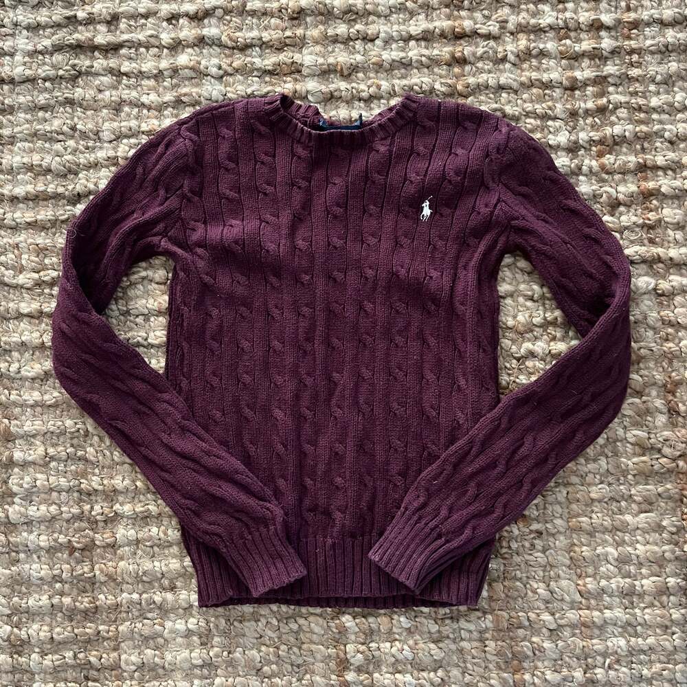 Ralph Lauren Women's Cable Knit Cotton Sweater Burgundy XS Preppy Classic Luxury